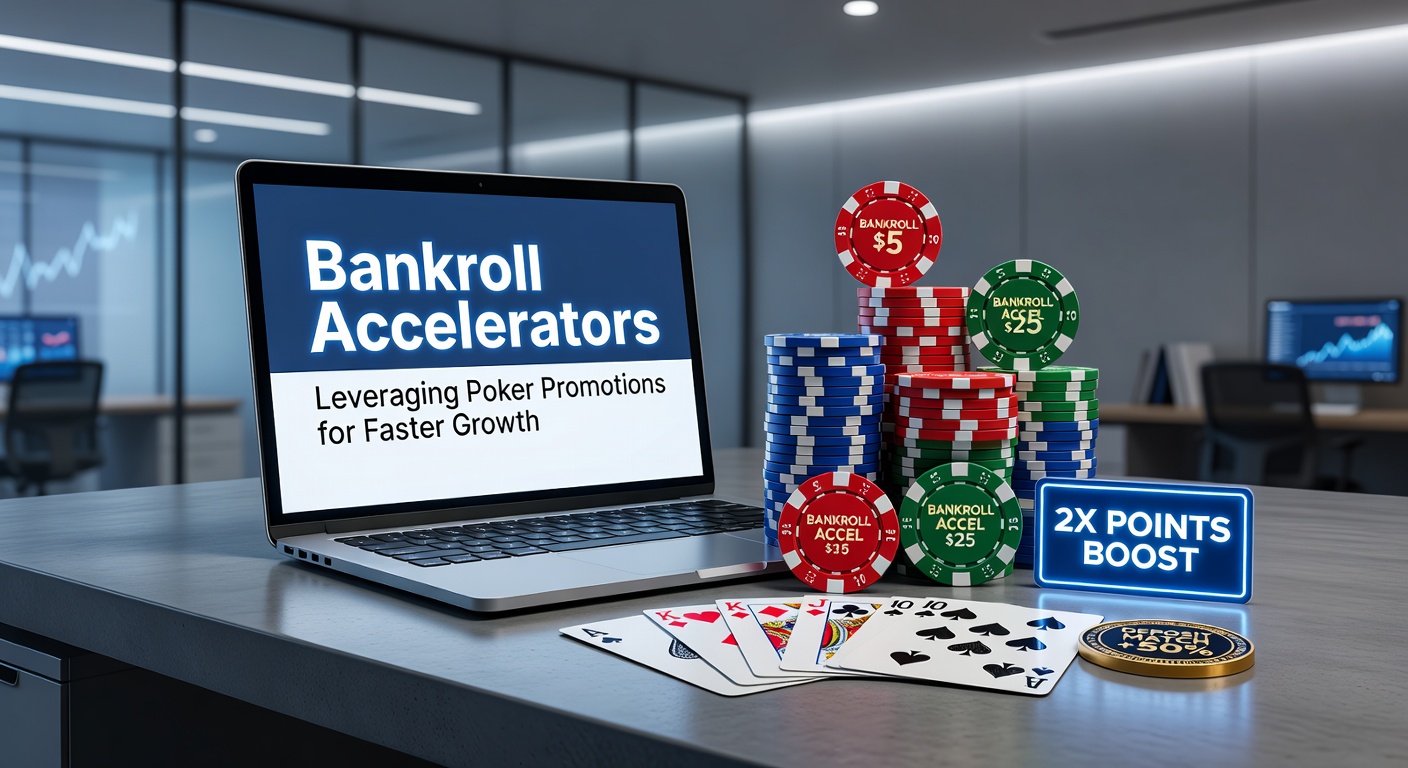 Grafik zeigt ein Poker-Chip-Stapel mit aufsteigender Pfeilkurve, symbolisiert Bankroll-Wachstum durch Promotions