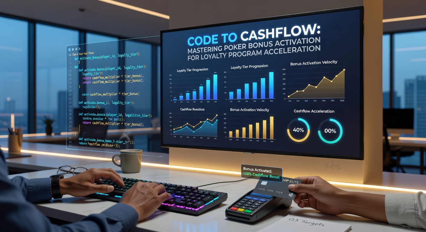 Grafik zeigt einen Code, der in Cashflow umgewandelt wird, mit Poker-Chips und Loyalty-Punkten im Hintergrund