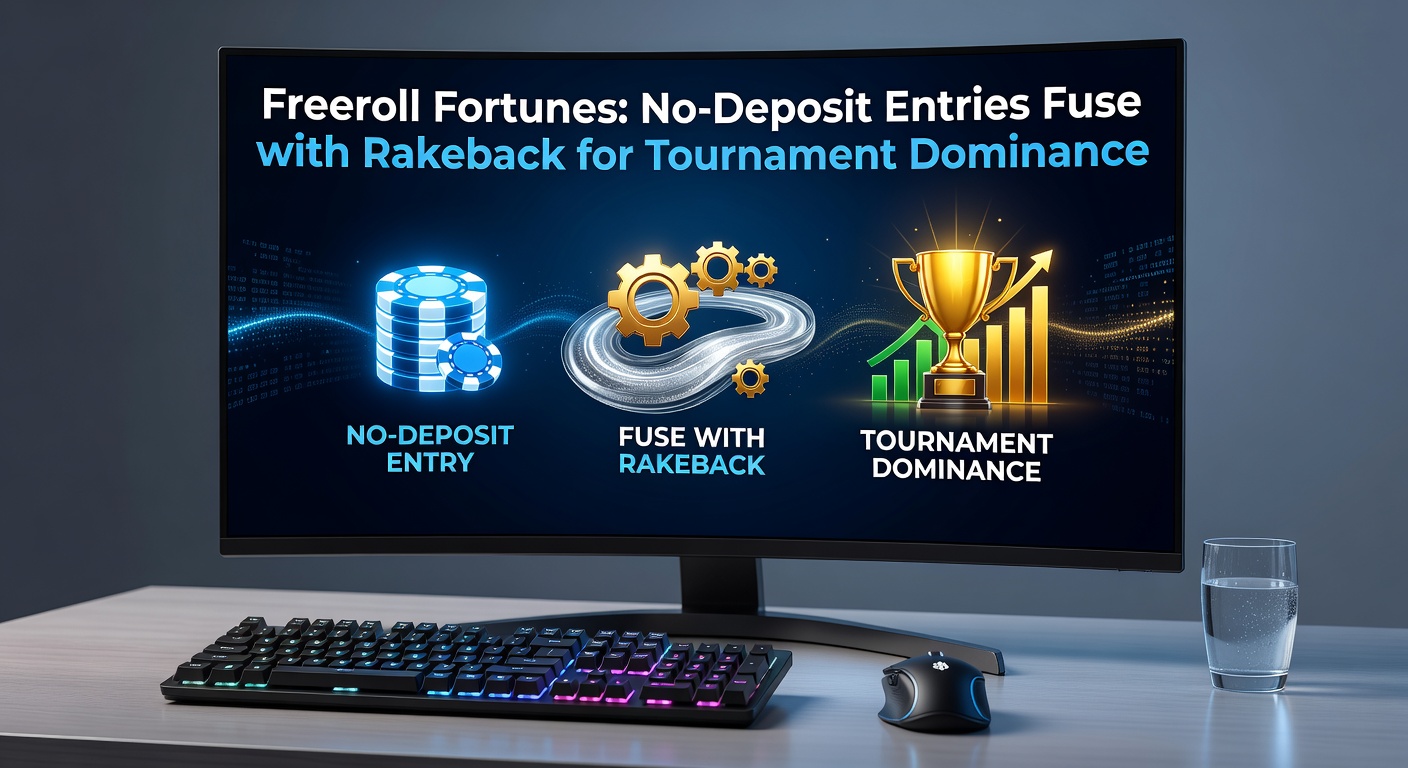 Spieler am Poker-Tisch bei einem Freeroll-Turnier, umgeben von Chips und Bildschirmen mit Rakeback-Anzeigen