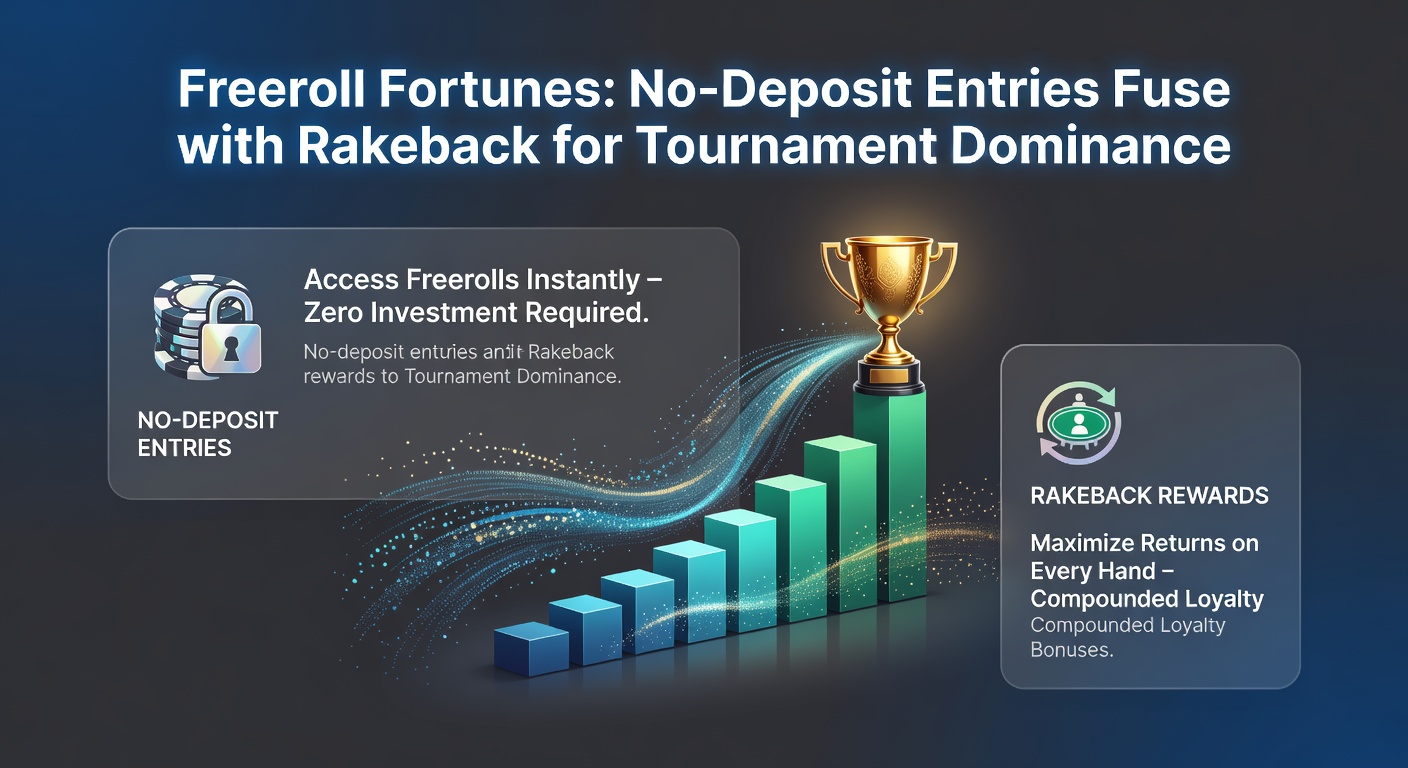 Grafik zeigt Rakeback-Berechnung neben Freeroll-Turnierstruktur, mit aufsteigender Bankroll-Kurve