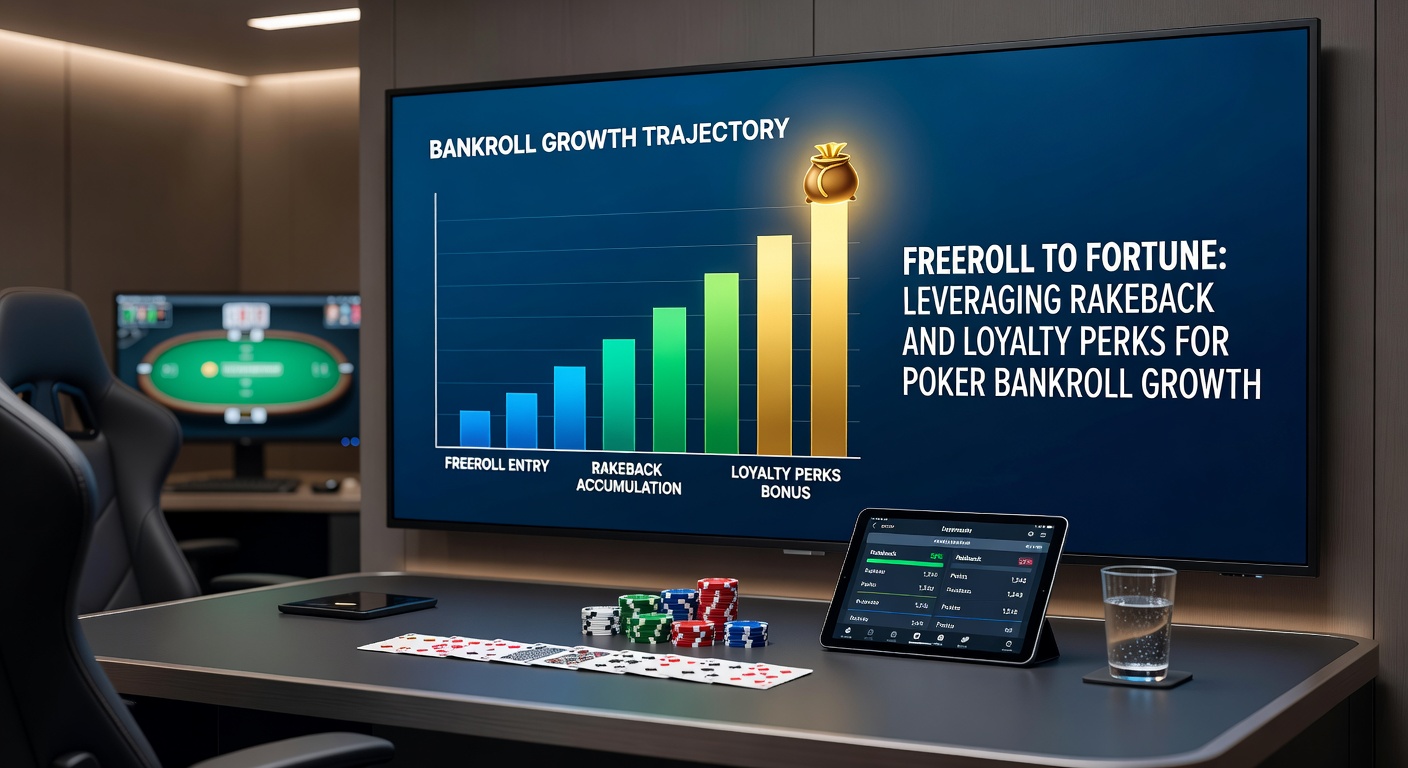 Spieler am Pokertisch mit steigendem Bankroll-Graphen, der Freerolls und Rakeback visualisiert