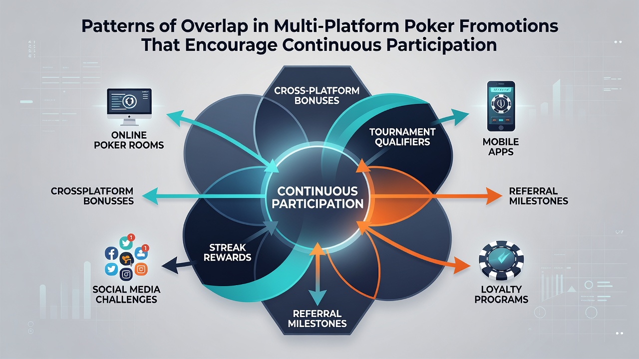 Illustration von synchronisierten Bonuszyklen und Plattform-Integrationen im Online-Poker mit Fokus auf fortlaufende Teilnahme