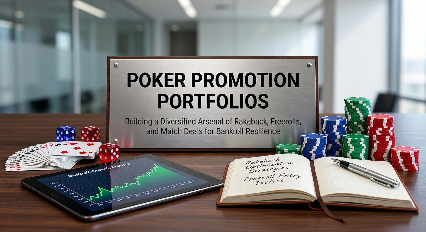 Grafik zeigt ein diversifiziertes Poker-Promotion-Portfolio mit Symbolen für Rakeback, Freerolls und Match-Deals, die eine stabile Bankroll darstellen