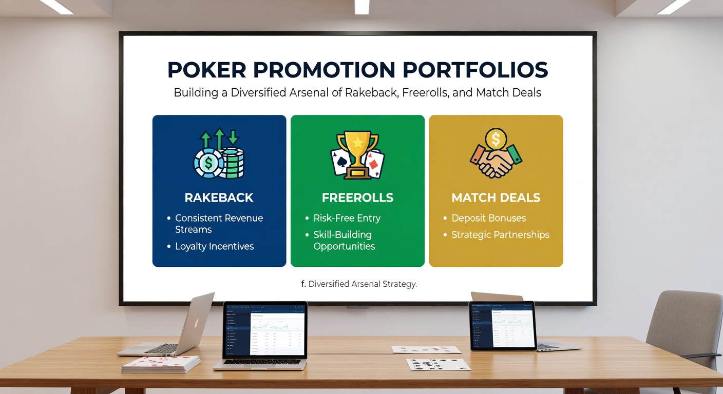 Detaillierte Infografik zu einem Beispiel-Portfolio mit Rakeback-Kurven, Freeroll-Gewinnverteilung und Match-Deal-Aktivierung für optimale Resilienz