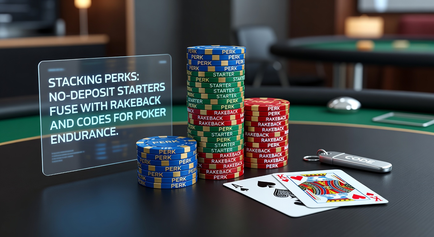 Grafik zeigt gestapelte Poker-Boni mit No-Deposit-Starter, Rakeback-Symbolen und Code-Eingabefeldern auf einem Poker-Tisch