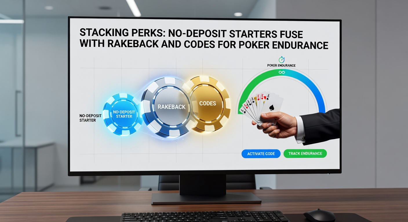 Detaillierte Infografik mit Stapelung von No-Deposit-Boni, Rakeback-Kurven und Code-Aktivierungsschritten für langfristige Poker-Sessions